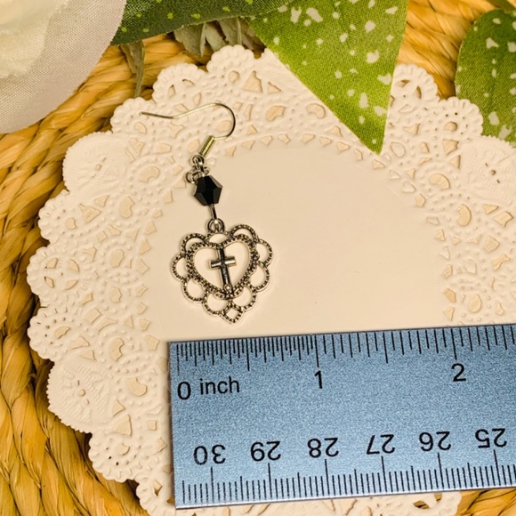 Graceful Filigree Heart Silver Cross Dangle Earrings - Picture 7 of 10